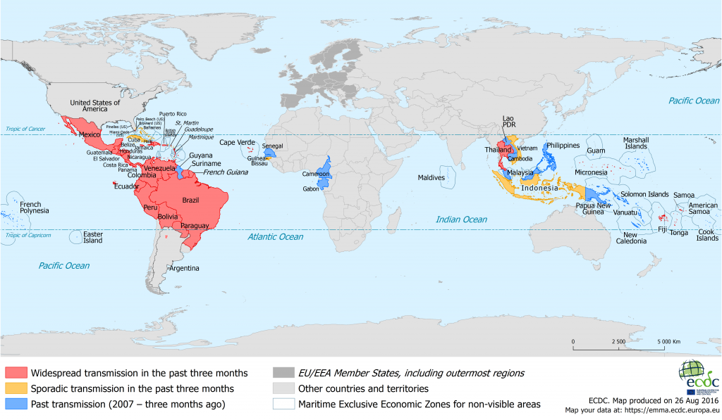 Map of countries affected by the Zika virus, courtesy of ecdc.europa.eu.